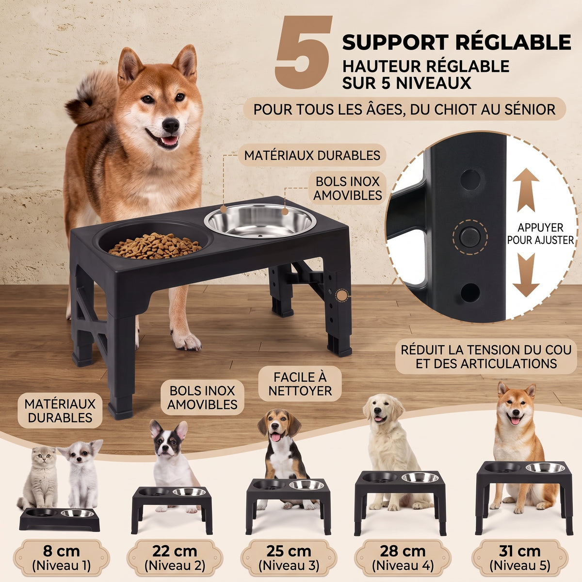 Station de Repas Réglable pour Chien
